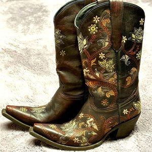 Lucchese Cowgirl Floral Boots - Wine/Brown